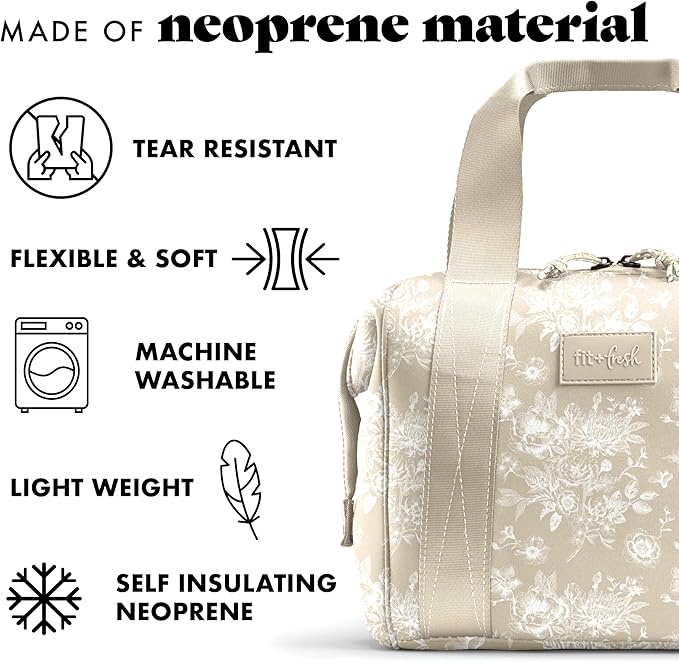 Fit & Fresh Neoprene Lunch Bag For Women, Insulated Womens Lunch Bag For Work, Tear & Stain Resistant Large Lunch Box For Women With Containers and Ice, Machine Washable Remi Lunch Bag, Tan Toile