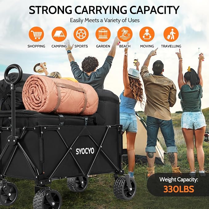 Collapsible Folding Wagon Cart, Heavy Duty Wagon Foldable with 330lbs Weight Capacity, Utility Garden Cart, Beach Wagons with All-Terrain Wheels for Camping, Sports, Shopping, Black