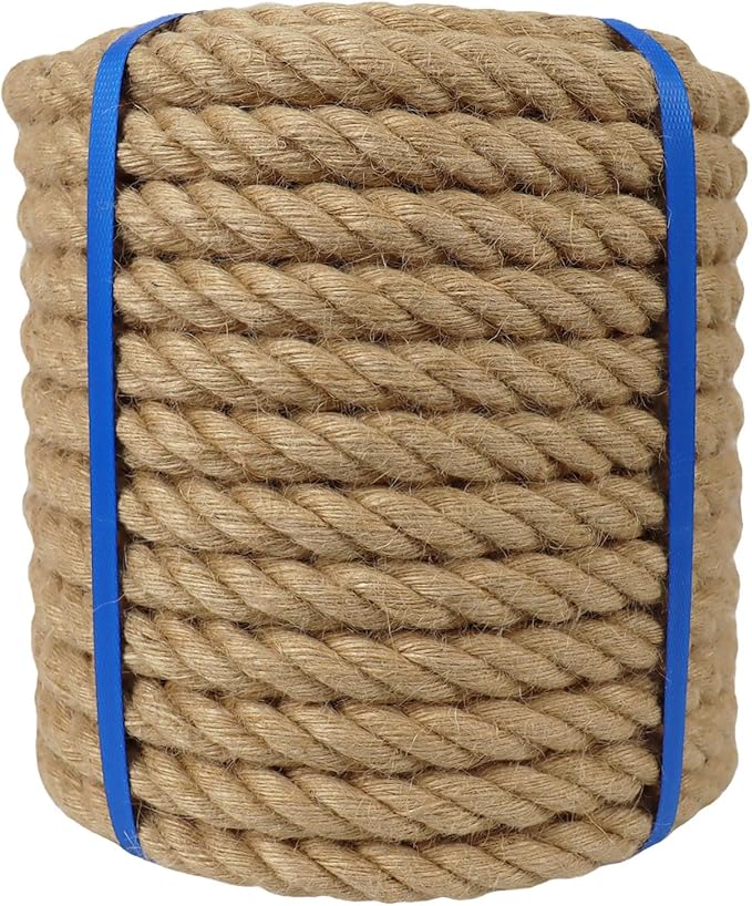 1-1/2 Inch Natural Jute Rope, 100 Feet Thick Hemp Rope, 4 Strands Twisted for Docks, Nautical, Raliings, Climbing, Decorating, Indoor/Outdoor Use