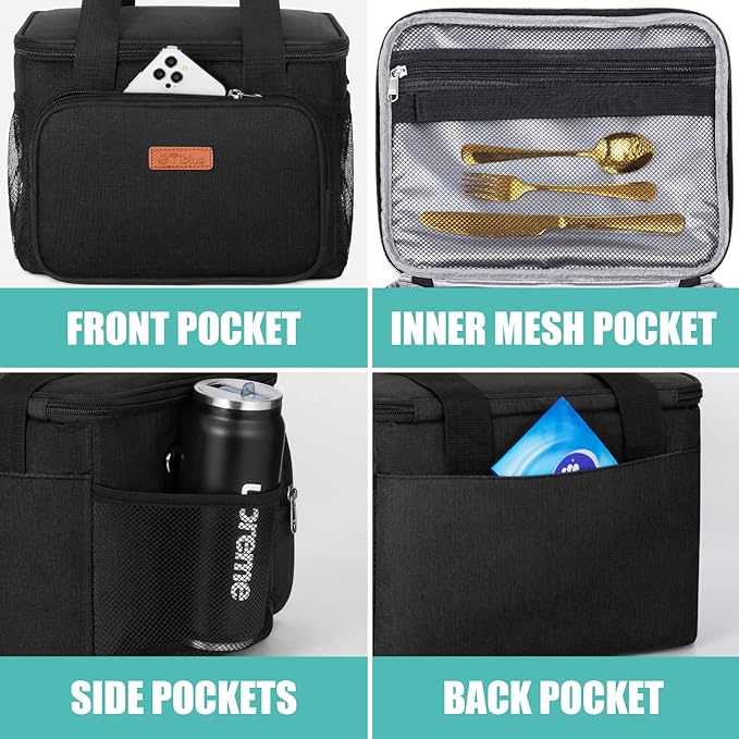Tiblue Insulated Lunch Bag for Women/Men, Reusable Lunch Box for Office Work School Picnic Beach, Leakproof Freezable Cooler Bag with Adjustable Shoulder Strap for Kids/Adult(Large, Black)