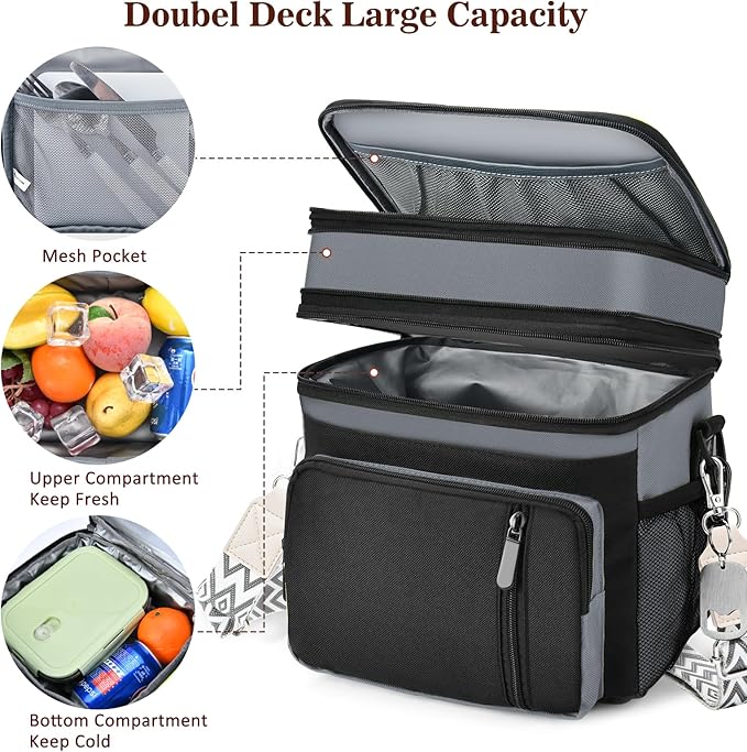 LOKASS Lunch Box for Men/Women-16L-Insulated Lunch Bag, Expandable Double-Layer Leakproof Cooler Bag with Upgrade Adjustable Shoulder Strap Ideal for Work/Travel/Picnics（Gray&Black）
