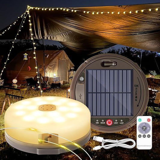 Camping String Light 4 in 1 Quick Storage 42ft Solar /USB Rechargeable 3600mAh Waterproof Hanging Outdoor Camping Lantern with 8 Lighting Modes, Portable Tent Lights for Hiking, Yard, RV (Warm Light)