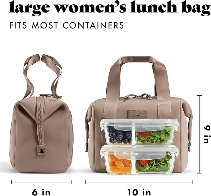 Fit & Fresh Neoprene Like Lunch Bag For Women, Insulated Womens Lunch Bag For Work, Tear & Stain Resistant Large Lunch Box With Containers and Ice, Machine Washable Remi Lunch Bag, Taupe