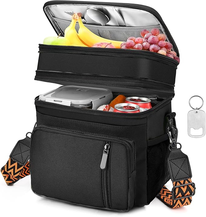 LOKASS Lunch Box for Men/Women-16L-Insulated Lunch Bag, Expandable Double-layer Leakproof Cooler Bag with Upgrade Adjustable Shoulder Strap Ideal for Work/Travel/Picnics（Black）