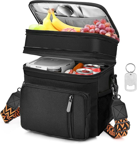 LOKASS Lunch Box for Men/Women-16L-Insulated Lunch Bag, Expandable Double-layer Leakproof Cooler Bag with Upgrade Adjustable Shoulder Strap Ideal for Work/Travel/Picnics（Black）