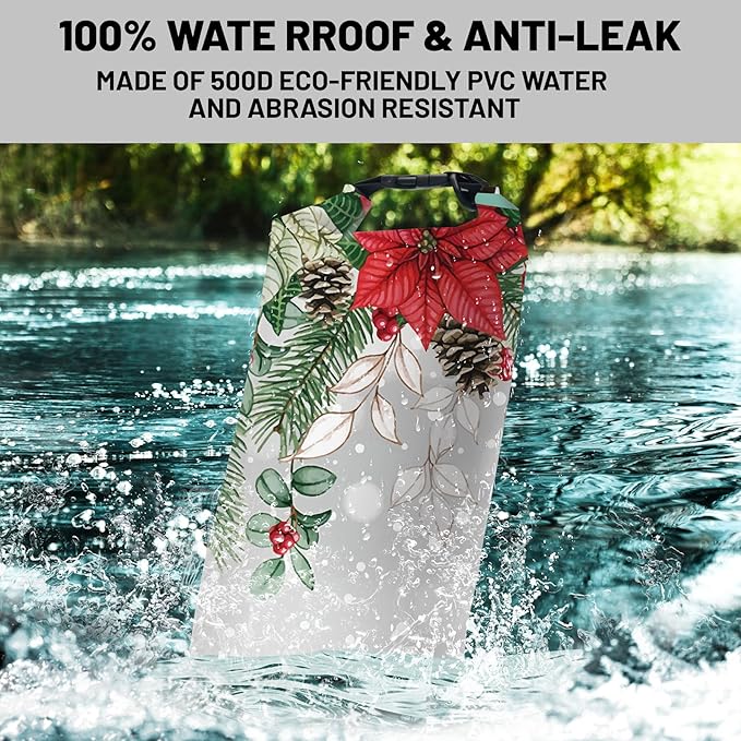 Waterproof Dry Bag,Roll Top Christmas Poinsettia Flower Pine Cones Waterproof Backpack 5L/10L/20L Floating and Lightweight Bags for Kayaking, Boating, Fishing, Swimming and Camping