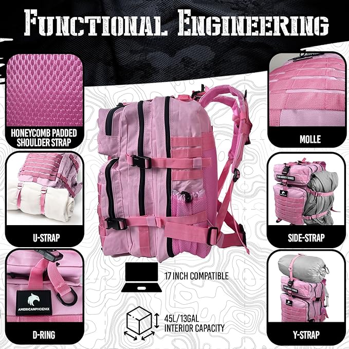 45L Elite Tactical Backpack | 3X Stronger Work & Military Backpack | Water Resistant and Heavy Duty | 3 Day MOLLE Bug Out Bag (Rose Pink)