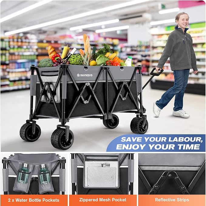 Collapsible Foldable Wagons, 440 lbs Weight Capacity Beach Wagon with Big All-Terrain Wheels, Heavy Duty Foldable Wagon,Utility Carts for Outdoor, Sports, Shopping, Camping, Black & Gray