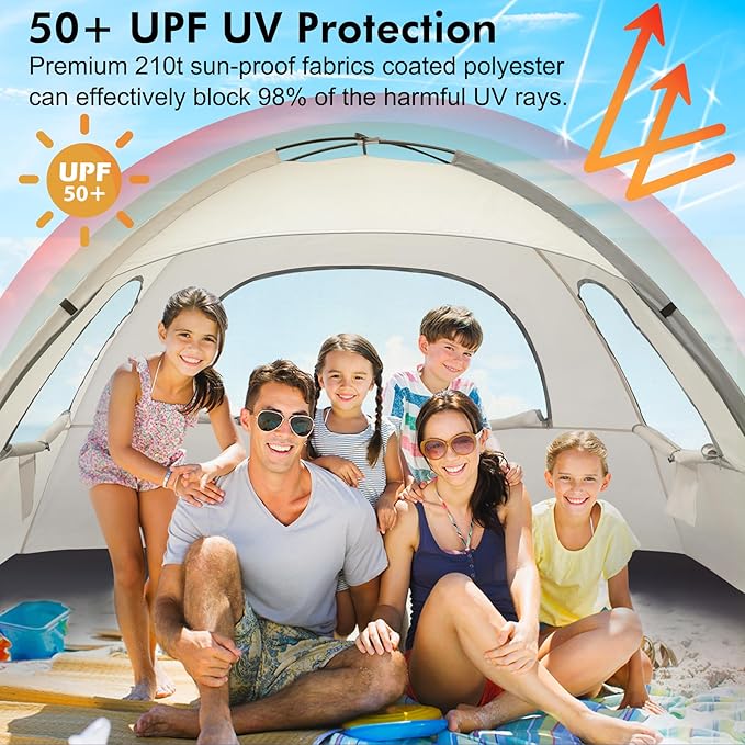 WhiteFang Beach Tent Anti-UV Portable Sun Shade Shelter for 3/4/6/8 Person, Extendable Floor with 3 Ventilating Mesh Windows Plus Carrying Bag, Stakes and Guy Lines
