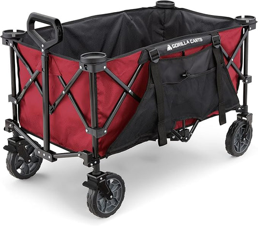 Gorilla Carts Foldable Wagon, Heavy Duty Collapsible Cart with Wheels, 7 Cu Ft, Red