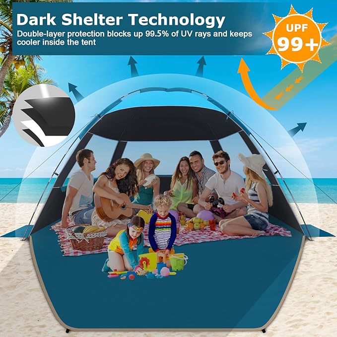 COMMOUDS Beach Tent Sun Shade for 3/4-5/6-7/8-10 Person, UPF 50+ Beach Sun Shelter Canopy Tent, Lightweight, Easy Set Up and Carry