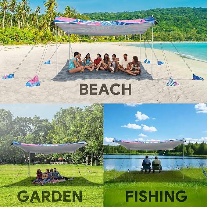 Beach Tent Sun Shelter, 10 x 10 FT Beach Canopy Tent Sun Shade, UPF50+ Beach Tent Canopy with 8 Sandbags & 4 Stability Poles, Outdoor Beach Tent for Beach Camping Fishing, Flamingo
