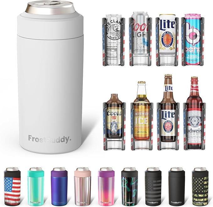 Frost Buddy Universal Buddy Can Cooler - Fits All - For Regular 12 & 16 oz or Slim-Size Bottles - Insulated Double -Walled Stainless Steel (All white)