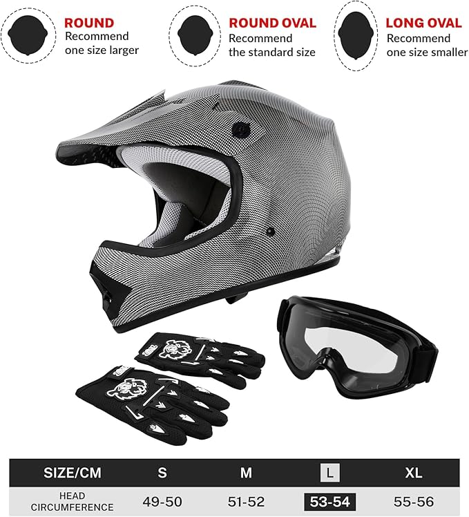 TCT-MOTORPARTS DOT Youth Kids Motocross ATV Helmets Offroad Street Dirt Bike Go-Kart BMX MX Full Face Helmet Carbon Fiber Large Size