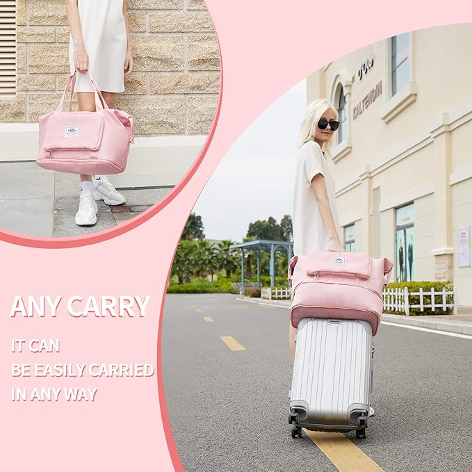 Expandable Travel Duffel Tote Bag - Foldable Overnight Weekender, Carry-On, Swim & Gym Bag - Fits Spirit Airlines Personal Item Size - Lightweight, Waterproof & Durable with Trolley Sleeve, Light Pink