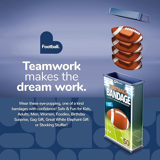 BioSwiss Bandages, Football Shaped Self Adhesive Bandage, Latex Free Sterile Wound Care, Fun First Aid Kit Supplies for Kids, 50 Count