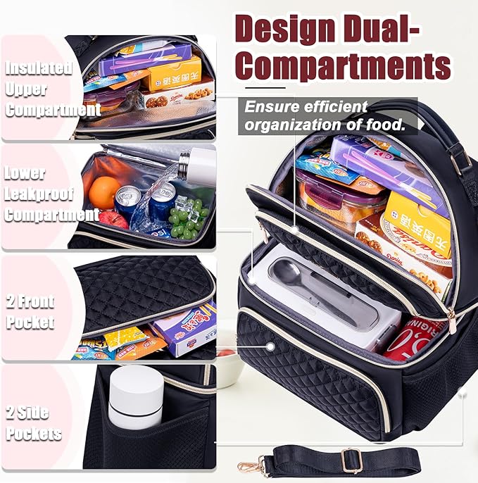 Weitars Lunch Bag for Women,Dual Compartment Lunch Box for Women Lunch Tote for Work,Insulated Leakproof Large Lunchbox Lunch Cooler for Adult for Men, Women, Lunchbag for Hiking,Picnic,Beach