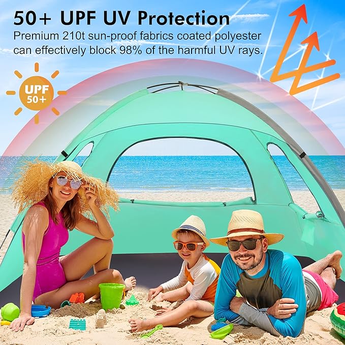 WhiteFang Beach Tent Anti-UV Portable Sun Shade Shelter for 3/4/6/8 Person, Extendable Floor with 3 Ventilating Mesh Windows Plus Carrying Bag, Stakes and Guy Lines