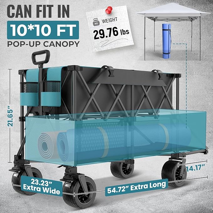 FUNDANGO Double Decker Wagon, 500L Collapsible Beach Wagons Foldable Heavy Duty Garden Cart with Tailgate, Brakes, Side Pockets & All-Terrain Big Wheels for Sports Camping Shopping, Blue