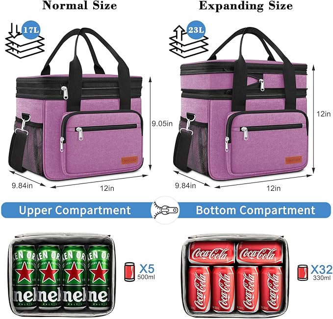 23L Extra Large Expandable Insulated Cooler Lunch Box for Men Double Deck Leakproof Heavy Duty Lunch Bag with 4 Ice Packs&2 Snack Bags for Adult/Construction/Women/Work/Picnic/Camping - Purple