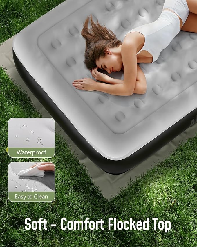 Airefina Queen Air Mattress with Built-in Pump 13", Comfort Blow up Mattress in 3 Mins Inflation/Deflation, Queen Size Inflatable Bed with Flocked Top for Camping, Home, Guest, Portable 80x60x13in