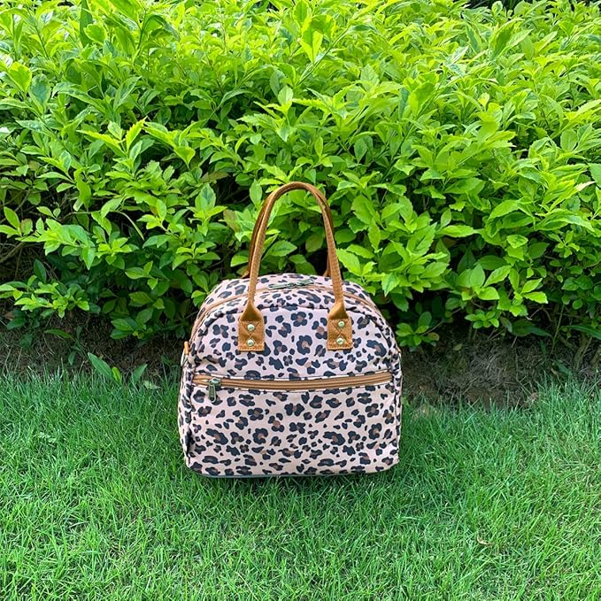 FlowFly Insulated Lunch Bag With Shoulder Strap for Women, Men, and Kids, Large and Reusable, Handle, Freezable Work and School Travel Tote and Meal Prep Organizer,Leapard