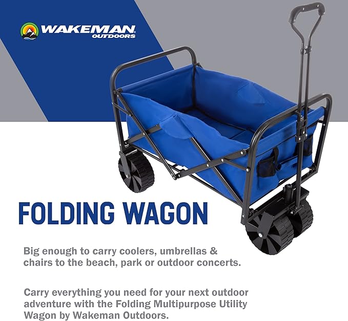Wakeman Outdoors 75-CMP1097 Folding Wagon – Collapsible All-Terrain Utility Pull Cart with Extra Wide Wheels for Camping, Beach, Sports or Grocery Shopping