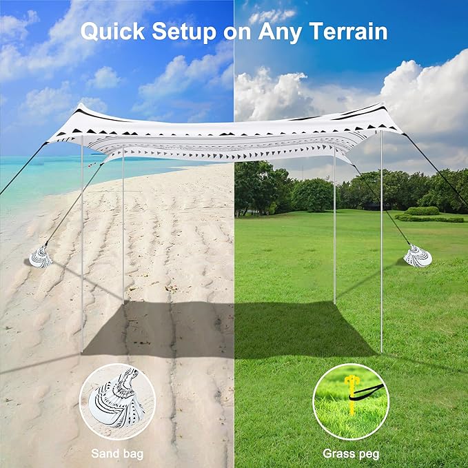 Beach Tent, Beach Canopy Sun Shade UPF 50+, Portable 10×10 FT Camping Sun Shelter with Sandbags, Poles, Ground Pegs and Anti-Wind Ropes Easy Setup for Outdoor, Backyard, Picnics, Fishing