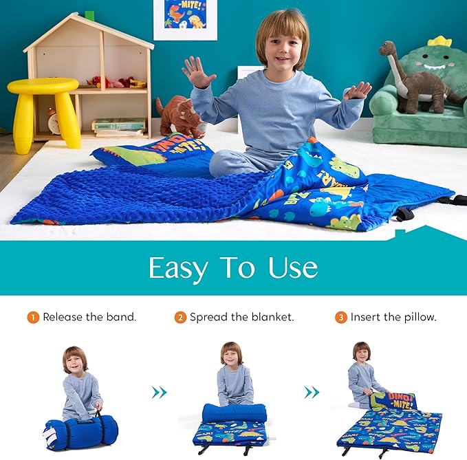 JOIEDOMI Toddler Nap Mat for Preschool 55''x30'' Sleeping Mat with Removable Pillow and Minky Blanket for Kids Ages 3-7 Roll Up Soft Kids Sleeping Bag for Boys Girls Kindergarten Daycare Sleepover