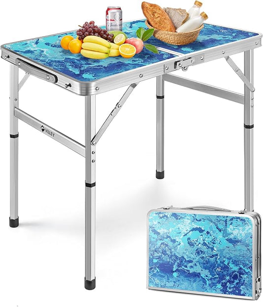 VILLEY Folding Camping Table 2FT, Portable Small Picnic Table with Adjustable Height, Lightweight Aluminum Foldable Table with Carry Handle for Outdoor Indoor BBQ Hiking Beach