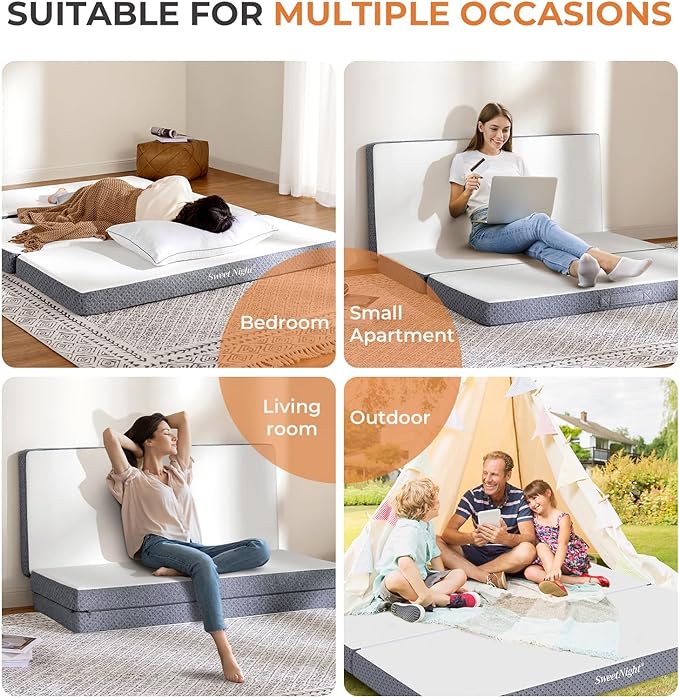 Sweetnight Tri Folding Mattress - 4-inch Foldable Mattress with a Collapsible and Washable Cover | Medium-Firm with Non-Slip Design | Suitable for RV, Camping, Guest （Queen (U.S. Standard)