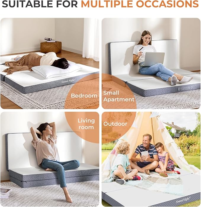 Sweetnight Tri Folding Mattress - 4-inch Foldable Mattress with a Collapsible and Washable Cover | Medium-Firm with Non-Slip Design | Suitable for RV Travel, Camping, Guest（TXL）