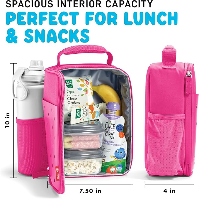 Fit & Fresh Charm Lunch Bag For Kids, Thermal Insulated Lunch Box For Kids Boys & Girls With Shoe Charm Slots For Personalization, School Lunch Box, Pink