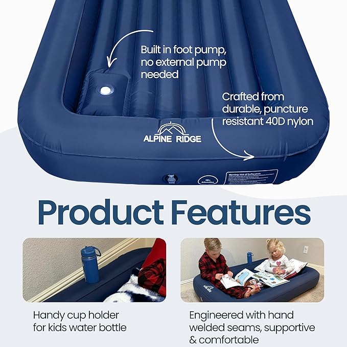 Toddler Travel Bed – Portable Nylon Toddlers Bed with 4-Sided Bumpers – Inflatable Toddler Travel Bed for Camping, Sleepovers – Kids Air Mattress with Built-in Foot Pump