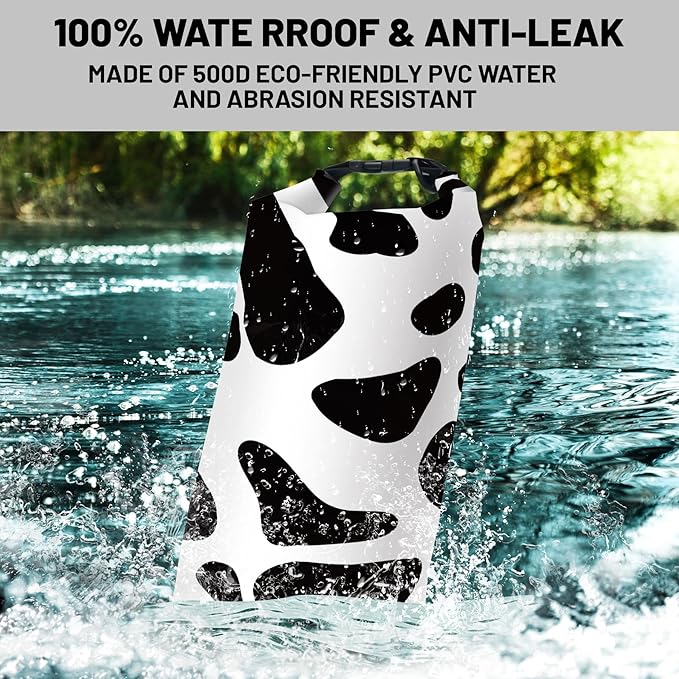 Waterproof Dry Bag,Roll Top Cow Print Black and White Waterproof Backpack 5L/10L/20L Floating and Lightweight Bags for Kayaking, Boating, Fishing, Swimming and Camping with Waterproof Phone Case
