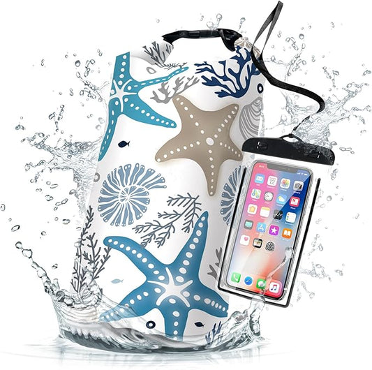 Waterproof Dry Bag,Roll Top Coral Starfish Coastal Waterproof Backpack 5L/10L/20L Floating and Lightweight Bags for Kayaking, Boating, Fishing, Swimming and Camping with Waterproof Phone Case