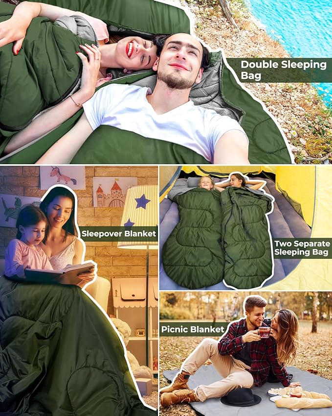 Ohuhu Double Sleeping Bag for Adults with 2 Pillows, Queen Size Two Person Sleeping Bag for Camping Hiking Backpacking 2 Person Sleeping Bags for Cold Weather & Warm