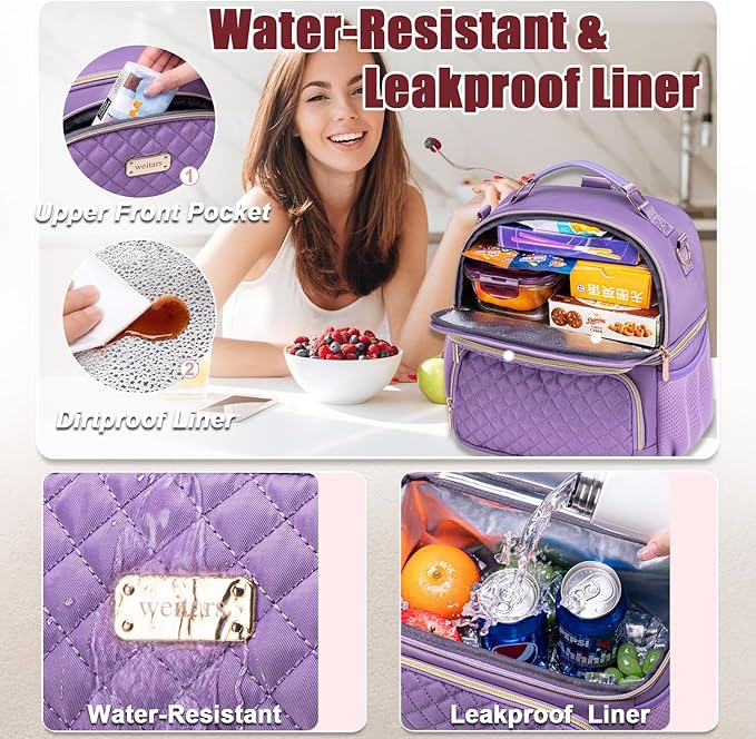 Weitars Lunch Bag for Women,Dual Compartment Lunch Box for Women Lunch Tote for Work,Insulated Leakproof Lunch Cooler Bag with Side Pockets and Adjustable Strap for Hiking,Picnic,Beach