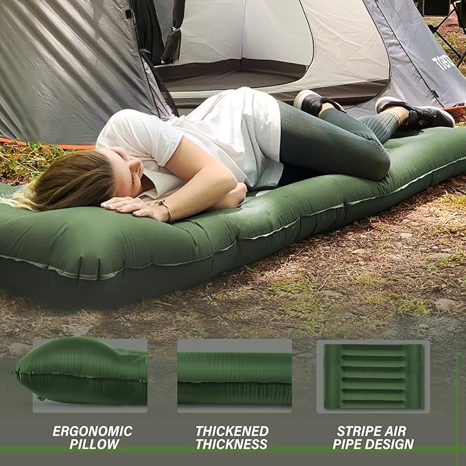 TOBTOS Inflatable Camping Sleeping Pad with Pillow, Thick 6 Inch Ultralight Sleeping Pad with Built-in Pump, Lightweight Sleeping Mat for Camping, Backpacking, Hiking, Tent (Green)