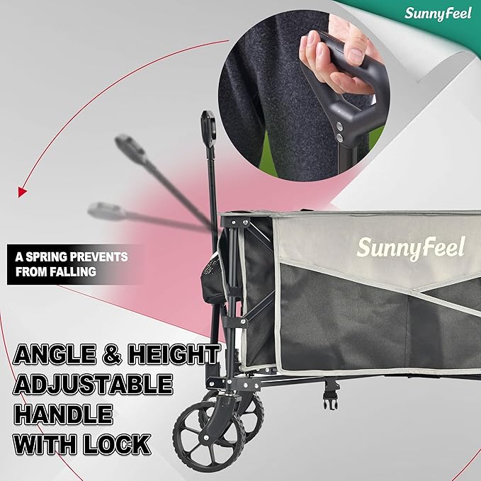 SunnyFeel Heavy Duty Collapsible Outdoor Utility Wagon Cart 300LB Capacity Adjustable Handlebar,Foldable Beach Wheels Stable Durable Oxford Fabric for Shopping Garden Camping (Black & Grey)