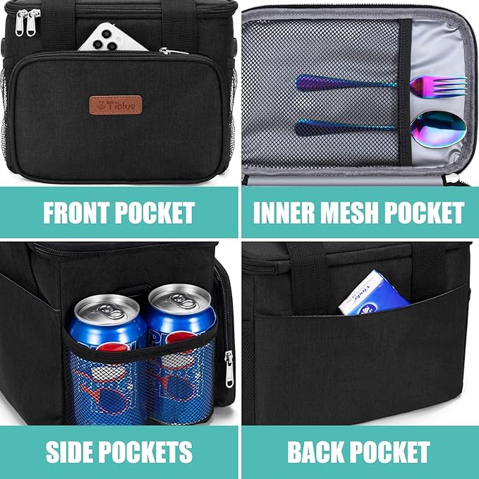 Tiblue Insulated Reusable Lunch Box for Office Work School Picnic Beach, Leakproof Freezable Cooler Bag with Adjustable Shoulder Strap (Medium, Midnight Black)