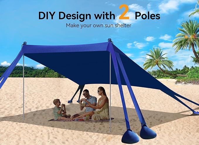 Beach Tent, Beach Canopy Sun Shade with UPF50+ UV Protection, 10x10ft, Includes 8 Sandbags, Sand Shovel, Ground Pegs & 4 Stability Poles, Pop Up Sun Shelter for Camping, Picnics, Backyard Fun
