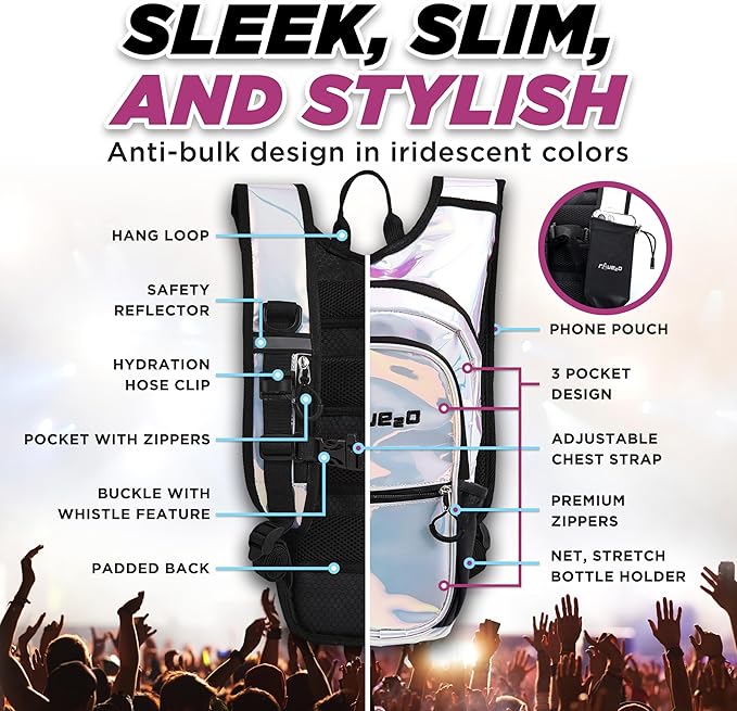 Rave Hydration Backpack – Anti-Theft Festival Hydration Pack with 1.5L Leakproof TPU Bladder – Slim, Insulated Water Pack with Secret Pockets & Breathable Back – for Raves, Music Festivals, EDC