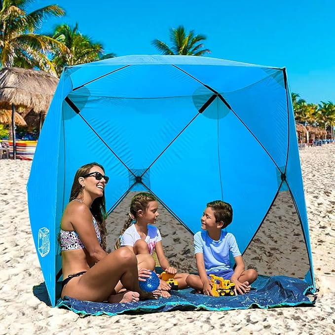 Beach Cube Pop Up Beach Tent Portable Shade Sun Shelter UPF50+ UV Protection for 4 Person Expandable Floor for Beach Fishing Hiking Camping – Beach Blue Color New
