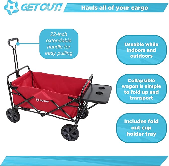 Get Out! Wagons Carts Foldable Red - 220 Pound Max Heavy Duty Collapsible Folding Wagon Cart with Wheels - Utility Cloth Beach Wagon with Side Table for Garden, Sports, Groceries, Fishing, and Camping
