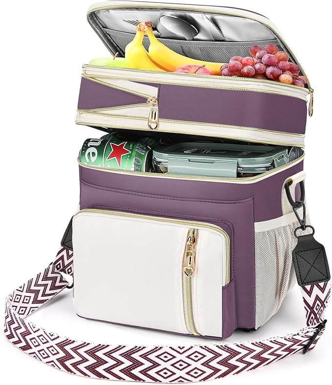 LOKASS Lunch Box for Women/Men-16L-Insulated Lunch Bag, Expandable Double-layer Leakproof Cooler Bag with Upgrade Adjustable Shoulder Strap Ideal for Work/Travel/Picnics（Dark Pink）