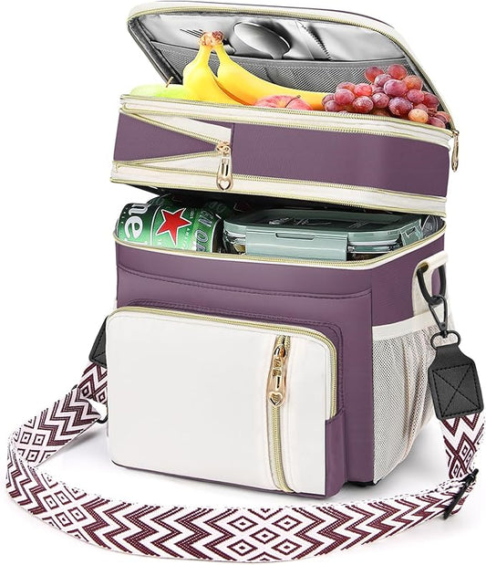 LOKASS Lunch Box for Women/Men-16L-Insulated Lunch Bag, Expandable Double-layer Leakproof Cooler Bag with Upgrade Adjustable Shoulder Strap Ideal for Work/Travel/Picnics（Dark Pink）