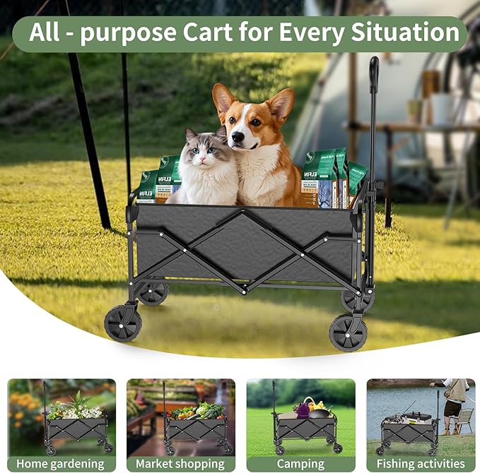 Collapsible Wagon Cart with 5" Removable 360° Swivel Wheels & Handle Adjustable, 220lbs Capacity， Waterproof 600D Oxford Fabric & MDF Base, All-Terrain Portable Utility Cart for Shopping, Garden， Pet