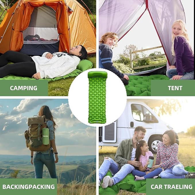 Inflatable Sleeping Pad with Pillow for Camping-Built in Foot Pump Fast Inflation-Ultralight Upgraded Durable Compact Sleeping Mat Moisture Proof Air Mattress for Backpacking,Hiking,Travel,Tent