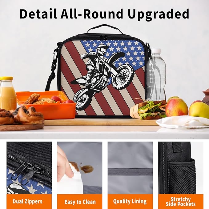 Motorcycle American Flag Lunch Bag Motocross Lunch Boxes for Women/Man Office Work Travel, School, Work, Picnic, Durable Reusable Insulated Large Lunch Tote Bag with Adjustable Shoulder Strap